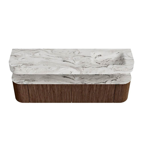 MONDIAZ THOR-DLUX 180cm badmeubel ronding links + rechts kleur Walnut met 2 lades en 2 deuren. Vrijhangende wastafel CLOUD Rechts zonder kraangat kleur Glace. SW1465946