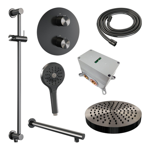 BRAUER Stripe Thermostatische Inbouw Regendouche - 3-weg - rond - 25cm douchekop - rechte muurarm - 3-standen handdouche - doucheslang - geïntegreerde glijstang - gunmetal geborsteld PVD SW1435230