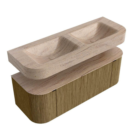 MONDIAZ THOR-DLUX Meuble de salle de bains 130cm arrondi gauche + droite couleur Dusk avec 1 tiroir et 2 portes. Vasque suspendue CLOUD Double 2 trous de robinet couleur Saba. SW1464061