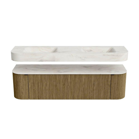 MONDIAZ THOR-DLUX 170cm meuble de salle de bains arrondi gauche + droite couleur Dusk avec 1 tiroir et 2 portes. Vasque suspendue CLOUD Double sans trou de robinet couleur Ostra. SW1465440