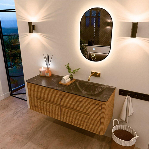 Mondiaz CIRO-DLUX Meuble de salle de bains - 130x45x50cm - Lavabo en solid surface Lava - 1 vasque à droite - sans trous de robinet - 4 tiroirs - Chêne SW1531088