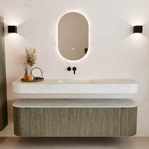 MONDIAZ THOR-DLUX 170cm meuble de salle de bains arrondi gauche + droite couleur Shadow avec 1 tiroir et 2 portes. Vasque suspendue CLOUD Milieu sans trou de robinet couleur Opalo. SW1465546