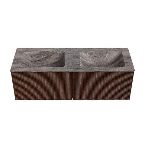 MONDIAZ KURVE-DLUX Meuble de salle de bains 130cm couleur Walnut avec 2 tiroirs et 0 portes. Lavabo LEAF Double 2 trous de robinet Oza. SW1432477