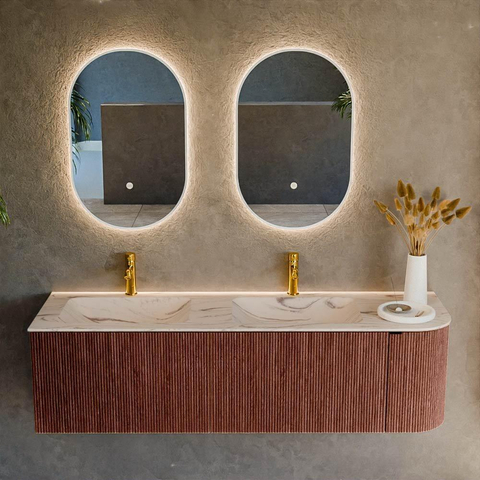 MONDIAZ KURVE-DLUX 155cm badmeubel ronding Rechts kleur Ruby met 2 lades en 1 deur. Wastafel LEAF Dubbel / Links 2 kraangaten Nata. SW1432588