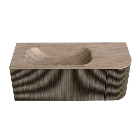 MONDIAZ KURVE-DLUX Meuble de salle de bains 115cm arrondi à droite couleur Shadow avec 1 tiroir et 1 porte. Lavabo BIG SMALL à gauche 1 trou de robinet Saba. SW1434048