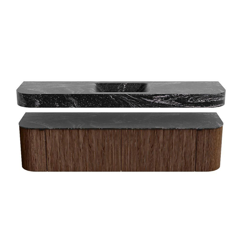 MONDIAZ THOR-DLUX 180cm meuble de salle de bains arrondi gauche + droite couleur Walnut avec 2 tiroirs et 2 portes. Vasque suspendue CLOUD Milieu 1 trou de robinet couleur Lava. SW1465960
