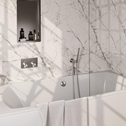 BRAUER Brushed Edition mitigeur de bain encastré thermostatique - boutons-poussoirs SET 03 - combinaison de remplissage de baignoire - douchette à main barre - flexible de douche - coude de raccordement mural - inox brossé PVD SW925472