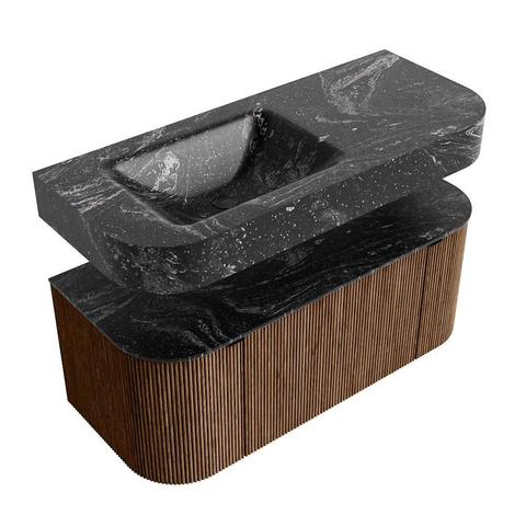 MONDIAZ THOR-DLUX 110cm badmeubel ronding links + rechts kleur Walnut met 1 lade en 2 deuren. Vrijhangende wastafel CLOUD Links 1 kraangat kleur Lava. SW1462779