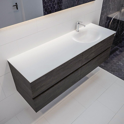 MONDIAZ VICA Ensemble de meuble salle de bain - 150cm - 4 tiroirs - lavabo Moon à droite - 1 trou de robinet - solid surface marron foncé SW410058