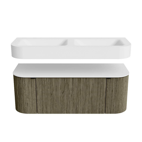 MONDIAZ THOR 120cm meuble de salle de bains arrondi gauche + droite couleur Shadow avec 1 tiroir et 2 portes. Vasque suspendue CLOUD Double sans trou de robinet couleur Talc. SW1463152