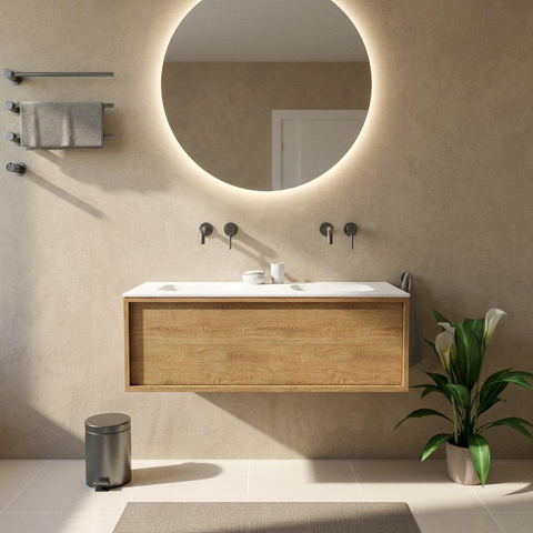 Saniclass Holz Frame Badkamermeubelset - 120x45x41.5cm - Flow solid surface wastafel wit - 2 wasbakken - zonder kraangaten - 1 lade - mat eiken natural (hout) SW1478413