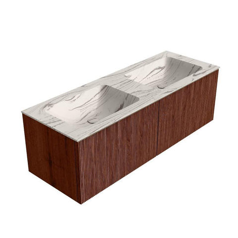 MONDIAZ KURVE-DLUX 130cm badmeubel kleur Ruby met 2 lades en 0 deuren. Wastafel LEAF Dubbel 2 kraangaten Nata. SW1432591