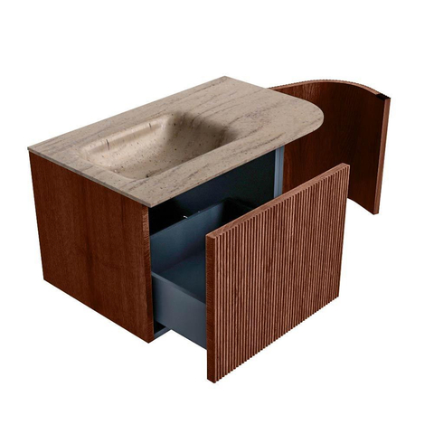 MONDIAZ KURVE-DLUX Meuble de salle de bains 75cm arrondi à droite couleur Ruby avec 1 tiroir et 1 porte. Lavabo GRUNNE à gauche 1 trou de robinet Saba. SW1433438