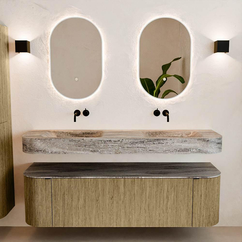 MONDIAZ THOR-DLUX 160cm meuble de salle de bains arrondi gauche + droite couleur Dusk avec 1 tiroir et 2 portes. Vasque suspendue CLOUD Double sans trou de robinet couleur Oza. SW1465312