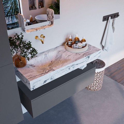 Mondiaz ALAN-DLUX Ensemble de meuble - 110cm - meuble Plata mat - 1 tiroir - Lavabo Cloud Glace suspendu - vasque Gauche - 0 trous de robinet SW806050