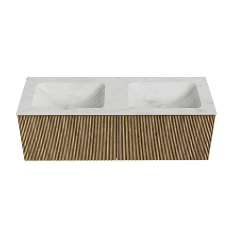 Mondiaz KURVE-DLUX Badkamermeubelset - 130x46x40cm - 2 lade - wastafel solid surface - dubbel - 2 kraangaten - Dusk SW1414962