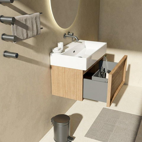 Saniclass Holz Frame Badkamermeubelset - 80x45x52cm - Legend keramische wastafel wit - 1 wasbak - zonder kraangat - 1 lade - mat eiken natural (hout) SW1478465
