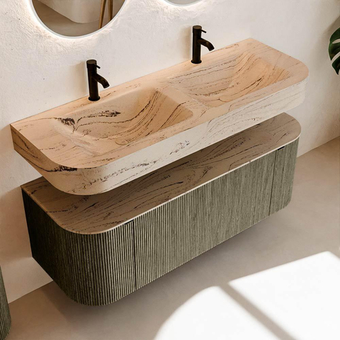 MONDIAZ THOR-DLUX 130cm meuble de salle de bains arrondi gauche + droite couleur Shadow avec 1 tiroir et 2 portes. Vasque suspendue CLOUD Double 2 trous de robinet couleur Arena. SW1463812