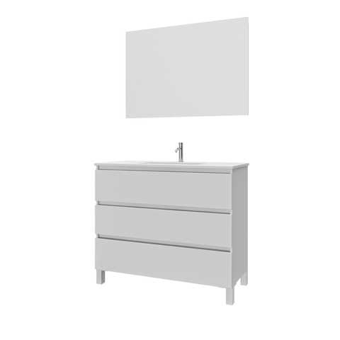 Saniclass Chaci PLUS Meuble de salle de bain - 100x86x46cm - lavabo en céramique blanc - 1 vasque - 1 trou de robinet - 3 tiroirs - miroir rectangulaire - blanc mat SW926301