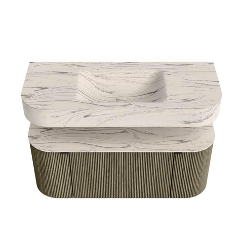 MONDIAZ THOR-DLUX Meuble de salle de bains 110cm arrondi gauche + droite couleur Shadow avec 1 tiroir et 2 portes. Vasque suspendue CLOUD Milieu sans trou de robinet couleur Nata. SW1463004