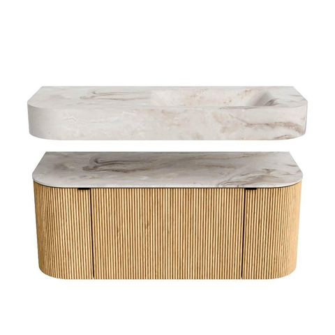 MONDIAZ THOR-DLUX 110cm badmeubel ronding links + rechts kleur Oak met 1 lade en 2 deuren. Vrijhangende wastafel CLOUD Rechts zonder kraangat kleur Frappe. SW1462729