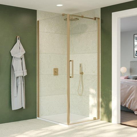 Crosswater Optix 10 Vaste wand - 80x200cm - 10mm veiligheidsglas - voor in profiel draaiende deur - geborsteld messing (goud) SW700830