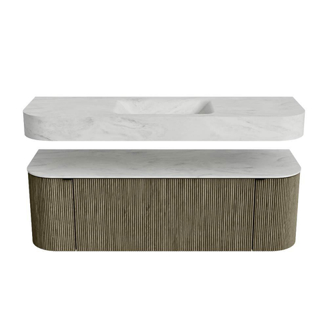 MONDIAZ THOR-DLUX Meuble de salle de bains 140cm arrondi gauche + droite couleur Shadow avec 1 tiroir et 2 portes. Vasque suspendue CLOUD Milieu sans trou de robinet couleur Opalo. SW1464152