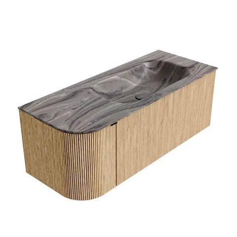 MONDIAZ KURVE-DLUX 115cm badmeubel ronding Links kleur Oak met 1 lade en 1 deur. Wastafel BIG SMALL Rechts 1 kraangat Sombra. SW1433560