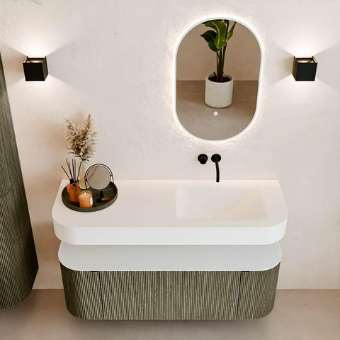 MONDIAZ THOR 130cm meuble de salle de bains arrondi gauche + droite couleur Shadow avec 1 tiroir et 2 portes. Vasque suspendue CLOUD Droite sans trou de robinet couleur Talc. SW1463703