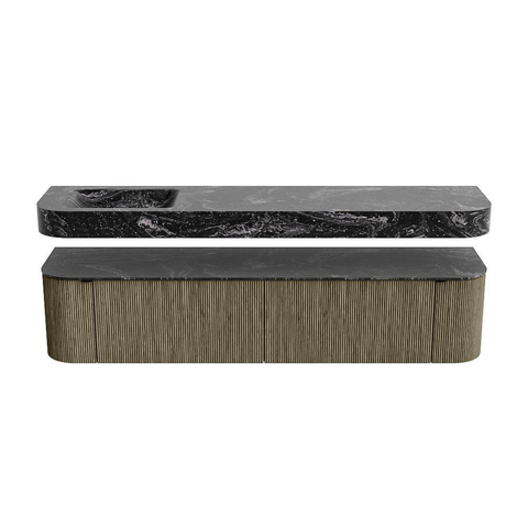 MONDIAZ THOR-DLUX 200cm meuble de salle de bains arrondi gauche + droite couleur Shadow avec 2 tiroirs et 2 portes. Vasque suspendue CLOUD Gauche sans trou de robinet couleur Lava. SW1467040