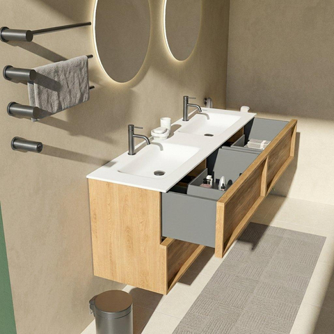 Saniclass Holz Frame Badkamermeubelset - 160x45x61.5cm - Flow solid surface wastafel wit - 2 wasbakken - 2 kraangaten - 4 lades - mat eiken natural (hout) SW1579792