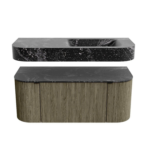 MONDIAZ THOR-DLUX 110cm meuble de salle de bains arrondi gauche + droite couleur Shadow avec 1 tiroir et 2 portes. Vasque suspendue CLOUD droite sans trou de robinet couleur Lava. SW1462875