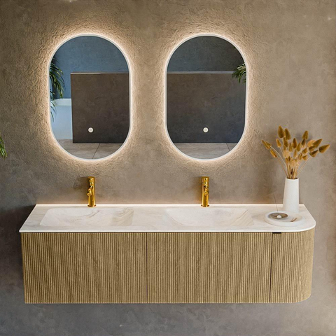 Mondiaz KURVE-DLUX Ensemble meuble de salle de bains - 155x46x40cm - 2 tiroirs - 1 porte - lavabo solid surface - double / gauche - 2 trous de robinet - Dusk SW1415182