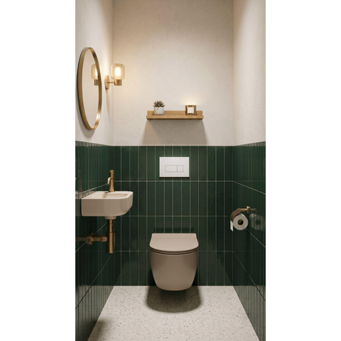 QeramiQ Dely Toiletset - 36.3x51.7cm - diepspoel - rimless - Geberit UP320 inbouwreservoir - softclose toilet zitting - glans witte bedieningsplaat - rechthoekige knoppen - mat beige SW1242410