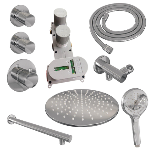 Ensemble de douche à encastrer Brauer Chrome Carving - douche principale 30 cm - 3 boutons avec relief - bras mural droit - douchette ronde 3 positions - chrome SW715526
