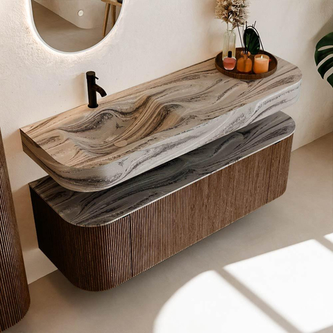 MONDIAZ THOR-DLUX 140cm meuble de salle de bains arrondi gauche + droite couleur Walnut avec 1 tiroir et 2 portes. Vasque suspendue CLOUD Gauche 1 trou de robinet couleur Sombra. SW1464249