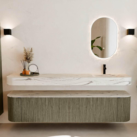 MONDIAZ THOR-DLUX 200cm meuble de salle de bains arrondi gauche + droite couleur Shadow avec 2 tiroirs et 2 portes. Vasque suspendue CLOUD Droite 1 trou de robinet couleur Nata. SW1467174
