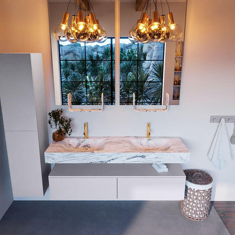 Mondiaz ALAN-DLUX Ensemble de meuble - 150cm - meuble Cale mat - 2 tiroirs - Lavabo Cloud Glace suspendu - vasque Gauche et droite - 2 trous de robinet SW805869