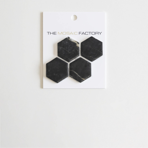 ÉCHANTILLON The Mosaic Factory Valencia carreau mosaïque - 12.5x15cm - carreau mural et de sol - Hexagone - Verre recyclé Nero Marble Print Mat SW1159412