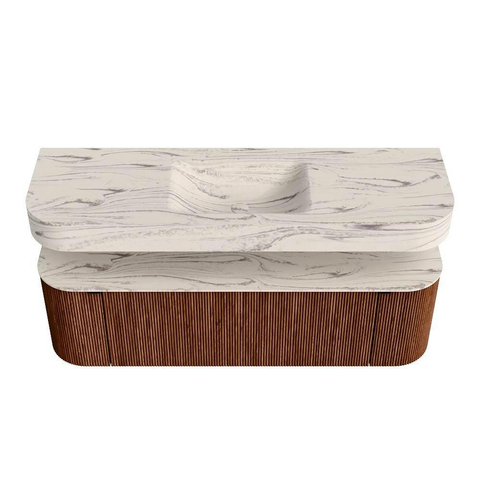 MONDIAZ THOR-DLUX 150cm meuble de salle de bains arrondi gauche + droite couleur Ruby avec 1 tiroir et 2 portes. Vasque suspendue CLOUD Milieu 1 trou de robinet couleur Nata. SW1464822