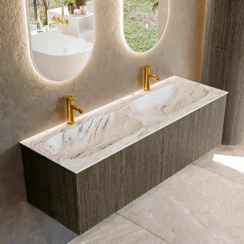 Mondiaz KURVE-DLUX Badkamermeubelset - 140x46x40cm - 2 lade - wastafel solid surface - dubbel - 2 kraangaten - Shadow SW1414602