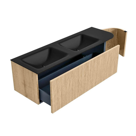 MONDIAZ KURVE Meuble de salle de bains 145 cm avec module 25 R couleur Chêne avec 1 tiroir et 1 porte. Lavabo CLOUD double / gauche sans trou de robinet Urban. SW1138406