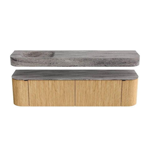 MONDIAZ THOR-DLUX 180cm meuble de salle de bains arrondi gauche + droite couleur Oak avec 2 tiroirs et 2 portes. Vasque suspendue CLOUD Gauche 1 trou de robinet couleur Oza. SW1466304