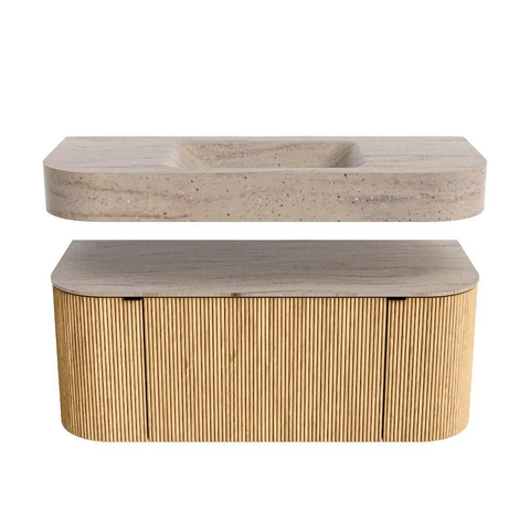 MONDIAZ THOR-DLUX 110cm badmeubel ronding links + rechts kleur Oak met 1 lade en 2 deuren. Vrijhangende wastafel CLOUD Midden zonder kraangat kleur Saba. SW1462999