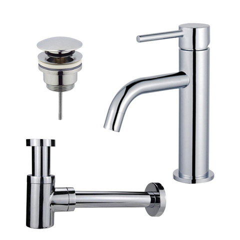 Fortifura Calvi Slim Wastafelkraanset - lage wastafelkraan - klikwaste plug - verlaagde design - sifon - hoogglans chroom SW891956