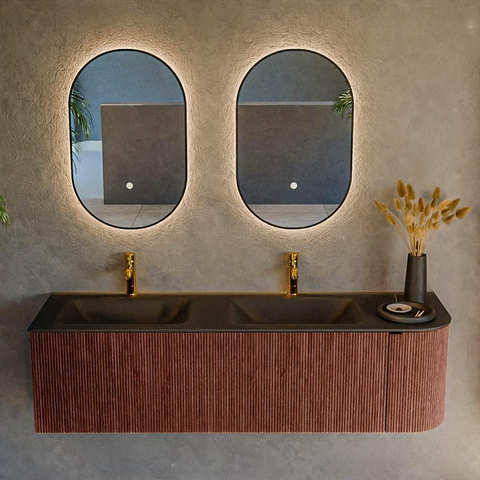 Mondiaz KURVE Ensemble de meuble de salle de bains - 155x46x40cm - 2 tiroirs - 1 porte - vasque solid surface - double / gauche - 2 trous de robinet - Ruby SW1415371
