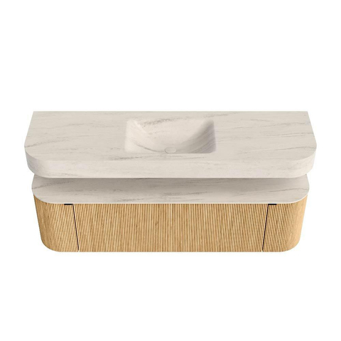 MONDIAZ THOR-DLUX 160cm meuble de salle de bains arrondi gauche + droite couleur Oak avec 1 tiroir et 2 portes. Vasque suspendue CLOUD Milieu 1 trou de robinet couleur Meli. SW1465137