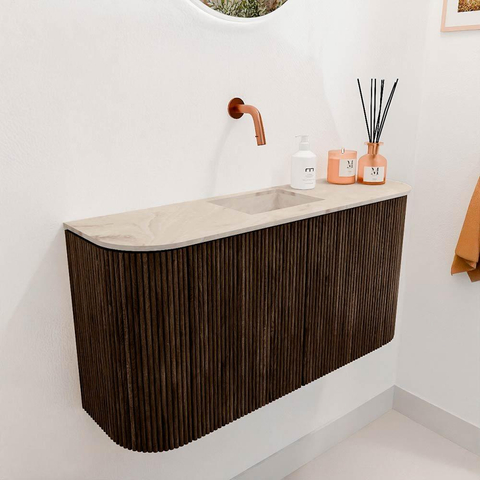 Mondiaz JOYA-DLUX 83.2cm toiletmeubel - ronding links en rechts kleur Walnut - Wastafel FAYE positie Midden Zonder kraangat kleur Frappe. SW1422333