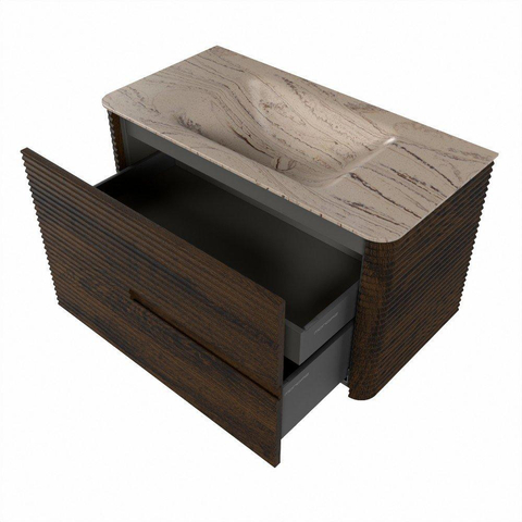 Mondiaz CIRO-DLUX Badkamermeubelset - 90x45x50cm - Solid surface wastafel Arena - 1 wasbak Midden - 1 kraangat - 2 lades - Walnut SW1530411