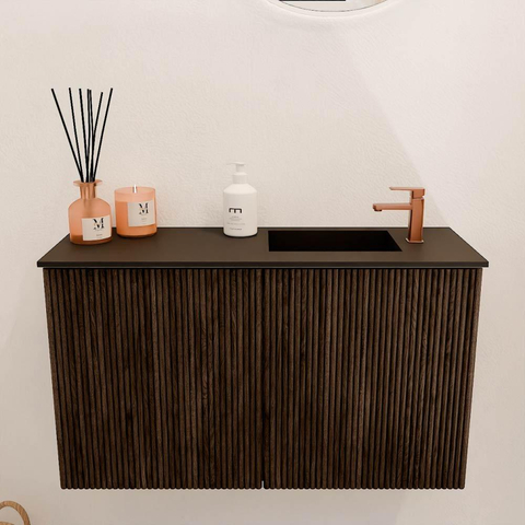 Mondiaz JOYA 70cm toiletmeubel - kleur Walnut - Wastafel FAYE positie Rechts 1 kraangat kleur Urban. SW1421374